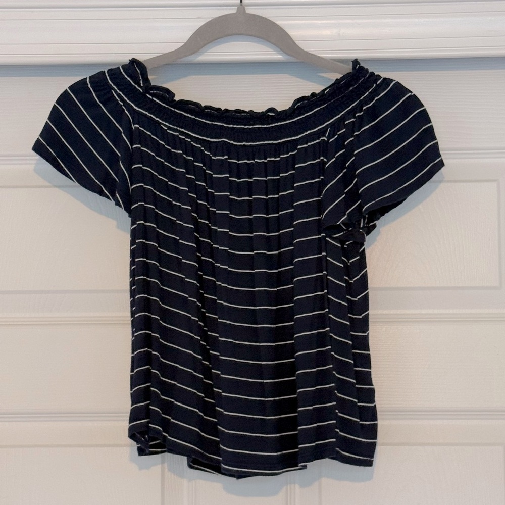 SO Navy and White Striped Off-The-Shoulder Shirt
